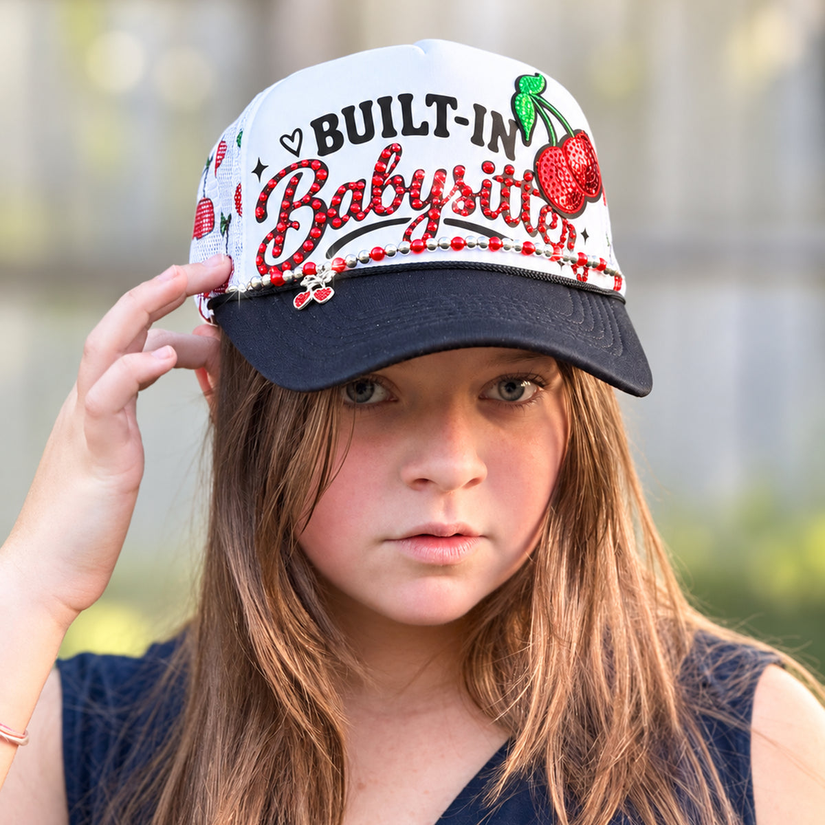 Built-In Babysitter Rhinestone Cherry Trucker Hat